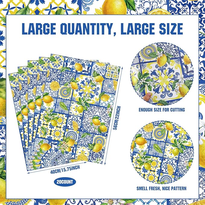 BBTO 20 Sheet Scented Drawer Liners for Dressers 15.8" x 22" Scented Fragrant Cabinet Paper Liners Non Adhesive Drawer Paper Mats for Bedroom Home Closet Shelves(Lemon)