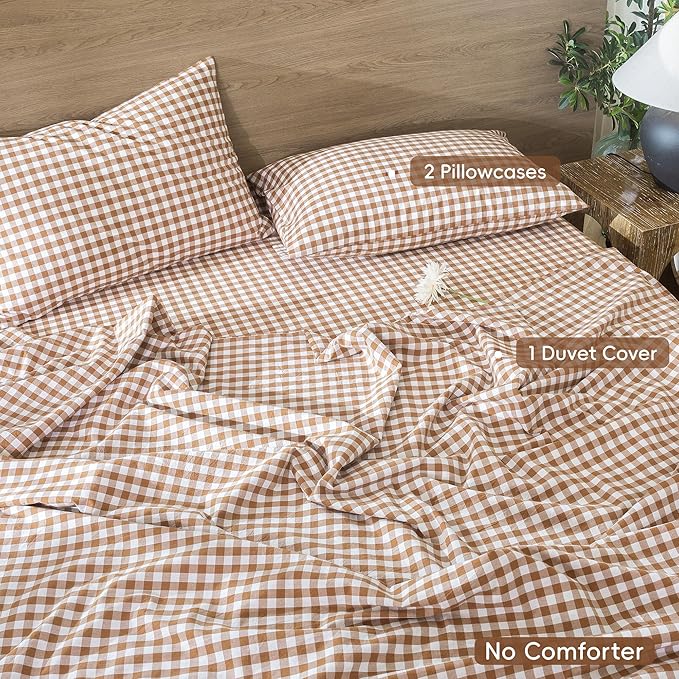 MooMee Gingham Duvet Cover Set 100% Washed Cotton Linen Like Textured Breathable Durable Soft Comfy Modern Checkered Design (Dark Orange Gingham, Palatial King/Oversized King 120"x98")