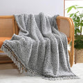 Ultra Soft Cozy Sherpa Throw Blanket, Light Weight Warm Decorative Throw Blanket with Tassel, 2 Tones Ombre Black Pattern Reversible Boho Style Blanket for Sofa, Couch, Bedroom,Travel, 50”x60”