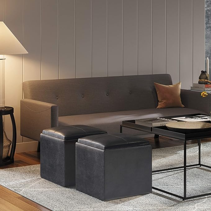 SIMPLIHOME Rockwood Cube Storage Ottoman with Tray - 17 inch Wide Upholstered Vegan Leather Square Storage Ottoman in Distressed Black, Contemporary Cube Ottoman for Living Room with Serving Tray