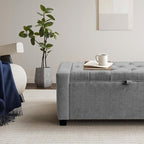 SUNWAVE Storage Ottoman Bench, Linen Fabric End of Bed Storage Bench with Button Tufted, Safety Hinge Lid, Large Ottoman for Bedroom, Living Room & Entryway