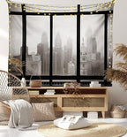 Ambesonne City Tapestry, Philadelphia City Rooftop View Through Window Skyline Landmark Rooftop Travel, Wide Wall Hanging for Bedroom Living Room Dorm, 80" X 60", Grey Black
