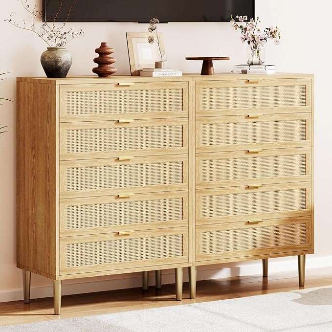 GarveeHome Rattan 5 Drawer Dresser, Modern Chest of Drawers with Gold Legs and Gold Handles, Tall Dresser with Large Tabletop and Anti-Tipping Design for Bedroom Living Room, Natural