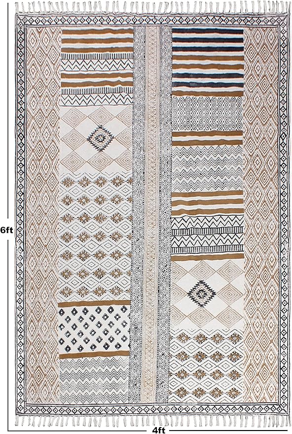 Area Rugs for Living Room 4x8 Kilim Rug Brown & Black Cotton Dhurrie Geometric Thick 0.19 inches Stone Easy Washable Hand Wash Cotton Carpet Flatweave Rug Indoor Outdoor Rugs for Kitchen, Bedside