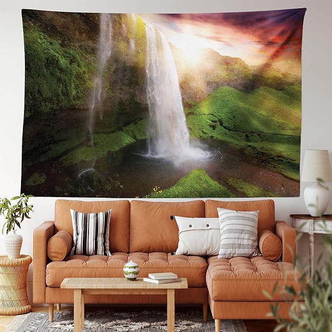 Ambesonne Waterfall Tapestry, Waterfalls at Sunset Sky in Iceland Scenic Spring Rural Wildlife Art Image, Fabric Wall Hanging Decor for Bedroom Living Room Dorm, 23" X 28", Green Orange