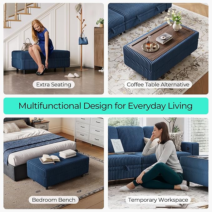LINSY HOME Sectional Sleeper Sofa Storage Ottoman Bench, Convertible Coffee Table Plush Corduroy Couch Ottoman Footstool for Living Room, Bedroom Entryway and Family Room, Blue