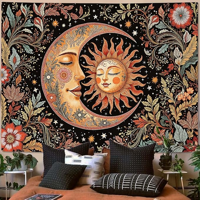 Accnicc Vintage Sun and Moon Tapestry Boho Hippie Floral Wall Tapestry for Bedroom Aesthetic Brown Celestial Spiritual Botanical Plant Small Tapestries Wall Hanging for Living Room Dorm 60 x 44 Inch