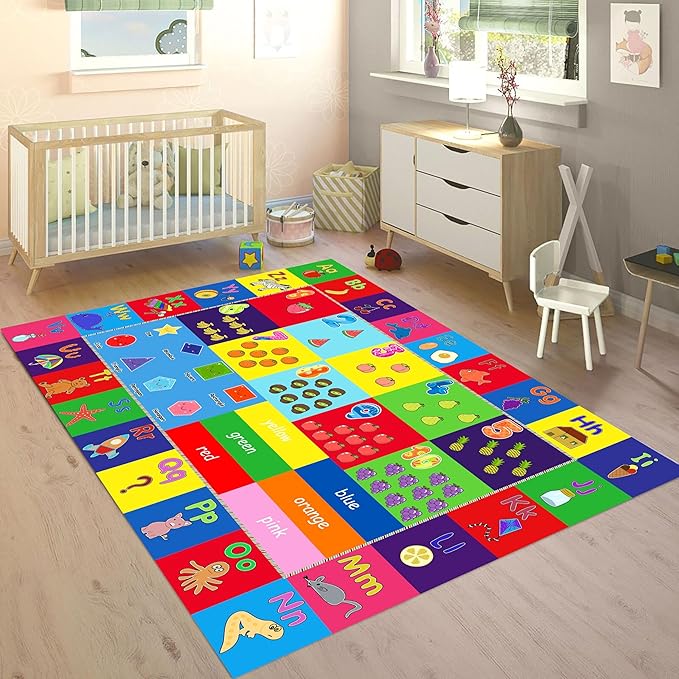 Educational Kids Rug 5x6ft - Alphabet, Numbers & Animals Learning Mat - Non-Slip & Machine Washable Play Carpet for Toddlers, Nursery, Playroom, Preschool Classroom