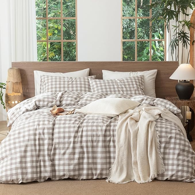 MooMee Gingham Duvet Cover Set 100% Washed Cotton Linen Like Textured Breathable Durable Soft Comfy Modern Checkered Design (Buffalo Plaid Tannish Linen Grey, Palatial King/Oversized King 120"x98")