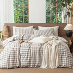 MooMee Gingham Duvet Cover Set 100% Washed Cotton Linen Like Textured Breathable Durable Soft Comfy Modern Checkered Design (Buffalo Plaid Tannish Linen Grey, Palatial King/Oversized King 120"x98")