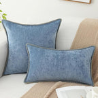decorUhome Spring Chenille Soft Cozy Throw Pillow Covers 18x18 Set of 2, Modern Farmhouse Boho Velvet Decorative Pillow Cases with Stitched Edge for Couch Sofa Bed Home Decor, Blue