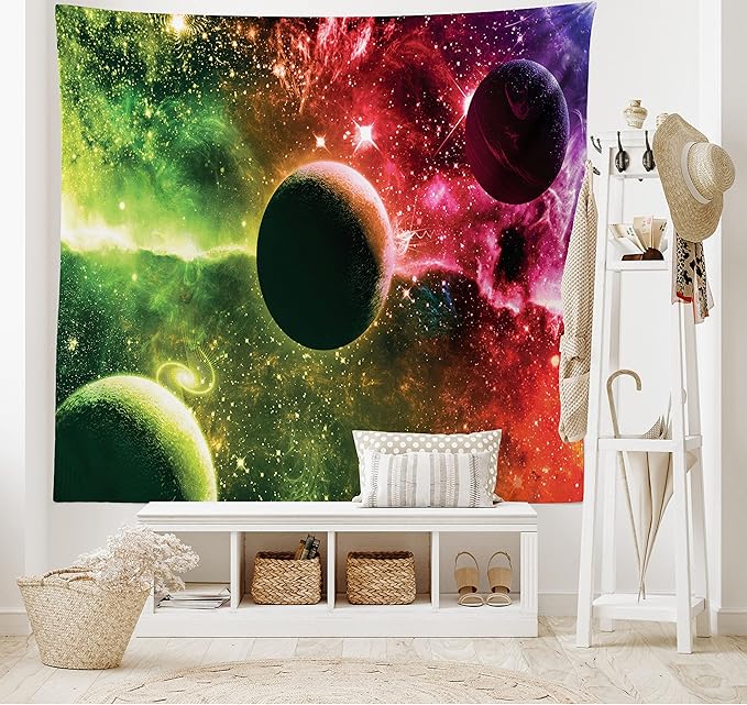 Ambesonne Psychedelic Tapestry, Space Universe Cosmos Galaxy Nebula Stars and Planets in Trippy Tones Image, Wide Wall Hanging for Bedroom Living Room Dorm, 60" X 40", Magenta Green