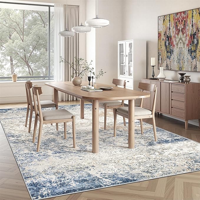 Art&Tuft Washable Rugs 5x7, Abstract Area Rugs for Living Room - Non Slip and Low Pile Soft Thin 5x7 Rug for Bedroom, Dining Room, Kitchen, Office, Blue