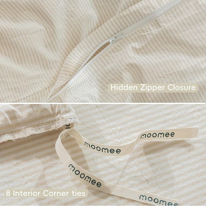 MooMee Striped Duvet Cover Set 100% Washed Cotton Linen Like Textured Breathable Durable Soft Comfy (Almond Milk Grey Pinstripes, Twin 68"x90")