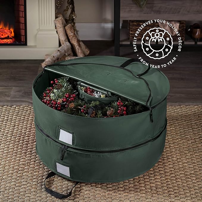 ZOBER Christmas Wreath Storage Container 30 Inch - Wreath Bag Fits 2 Wreaths Box - 600D Oxford Fabric - Interior Compartment for Storing Garlands, Wreaths Storage Bag W Strong Durable Handles - Green