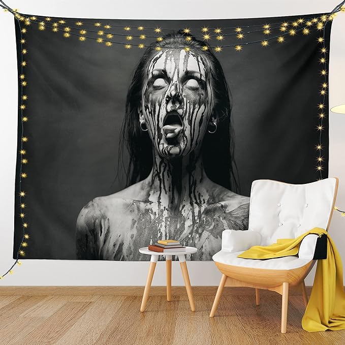 Ambesonne Zombie Tapestry, Unusual Scream Monster Woman with Empty Eyes Looking up Horror Picture Design, Fabric Wall Hanging Decor for Bedroom Living Room Dorm, 23" X 28", Black and White