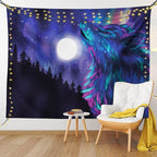 Ambesonne Moon Tapestry King Size, Northern Imagery Aurora Borealis Wolf Forest Starry Night, Wall Hanging Bedspread Bed Cover Wall Decor, 104" X 88", Magenta Indigo