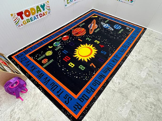 KIDCARPET.COM Outer Space Rectangle Classroom Rug | Bordered Area Rug for Preschool Daycare Learning, 7'6" x 12'