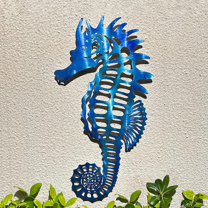 LiveInUrban Coastal Wall Art Seahorse Metal Wall Sculptures, Ocean Beach Themed Metal Hanging Home Decoration 15.8"x12.1"