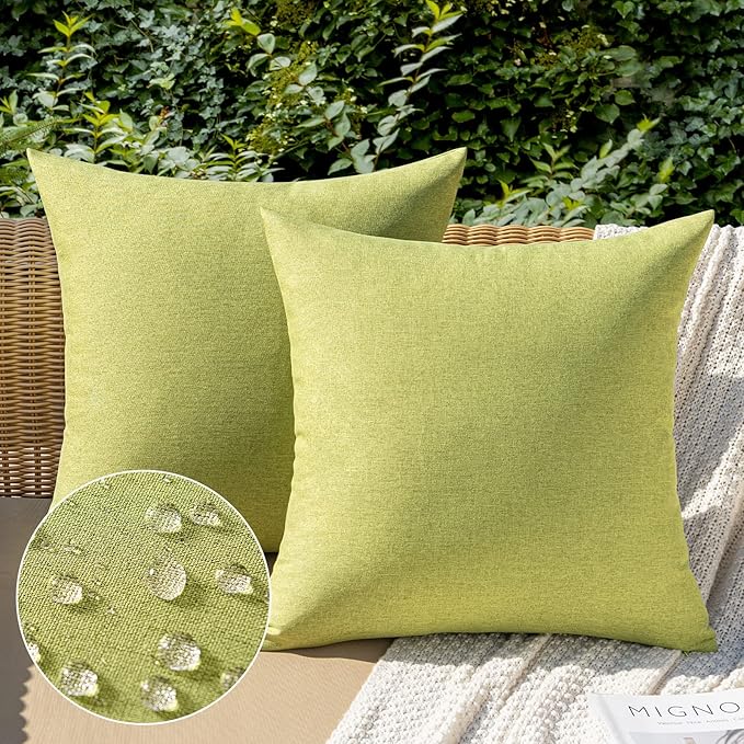 MIULEE Pack of 2 Decorative Outdoor Solid Waterproof Throw Pillow Covers Spring Faux Linen Garden Farmhouse Cushion Cases for Patio Tent Balcony Couch Sofa 20x20 Inch Moss Green
