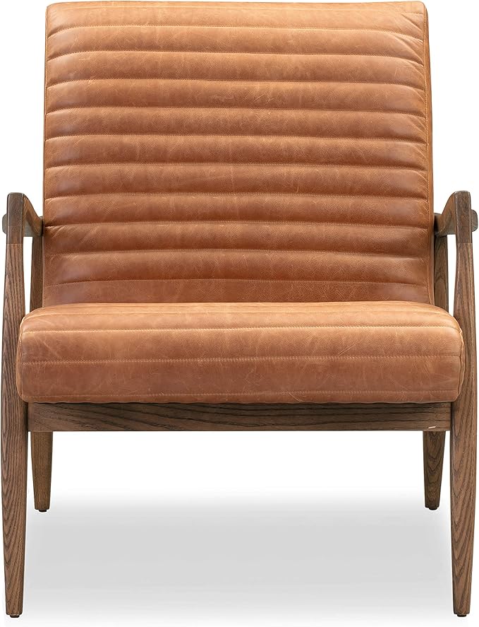 Poly & BARK Rowan Lounge Chairs Set of 2 – Mid Century Modern Leather Armchairs with Ribbed Seat and Solid Ash Wood Frame, Cognac Tan
