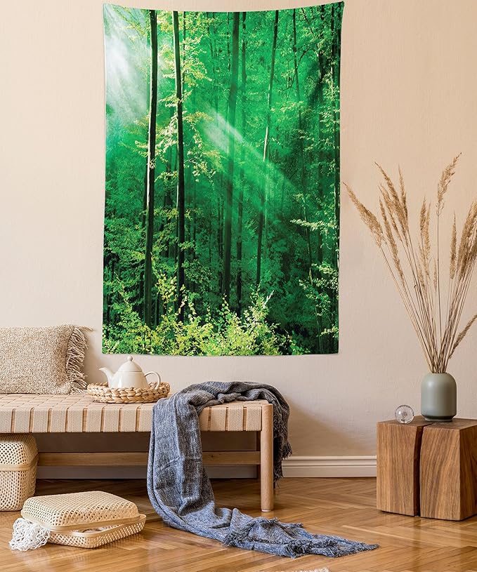 Ambesonne Forest Tapestry, Sun Rays Bursting into the Forest Trees Foliage Misty Morning Serenity Picture, Fabric Wall Hanging Decor for Bedroom Living Room Dorm, 30" X 45", White and Green