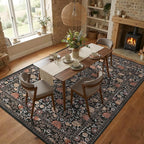 GarveeHome Brown Vintage Floral Washable 6x9 Area Rugs for Living Room Black Boho Botanical Retro Rug Low Pile Non Slip Carpet for Bedroom Nursery Dining Room