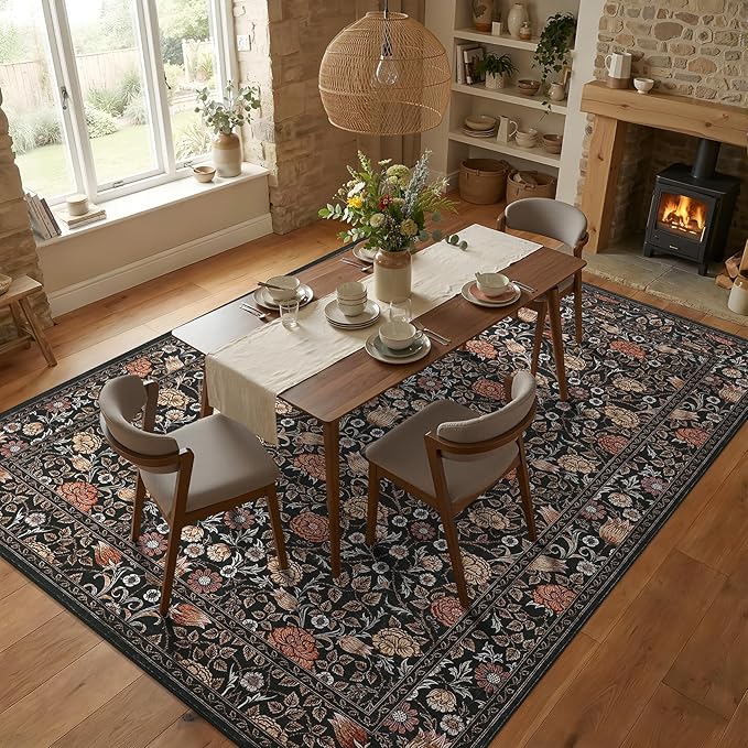 GarveeHome Brown Vintage Floral Washable 8x10 Area Rugs for Living Room Black Boho Botanical Retro Rug Low Pile Stain Resistance Non Slip Carpet for Bedroom Nursery Dining Room