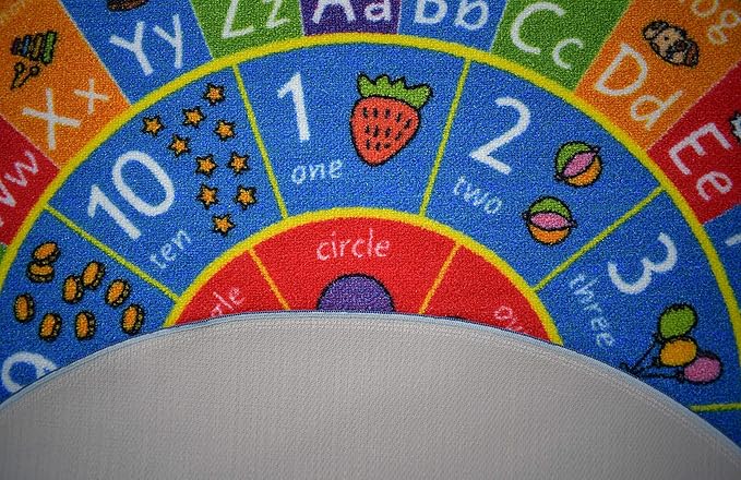 KC Cubs 3x3 ABC Alphabet, Numbers & Shapes Rug – Educational Non-Slip Play Mat Carpet for Kids, Toddlers, Nursery, Classroom, Playroom, Baby Daycare (Round)