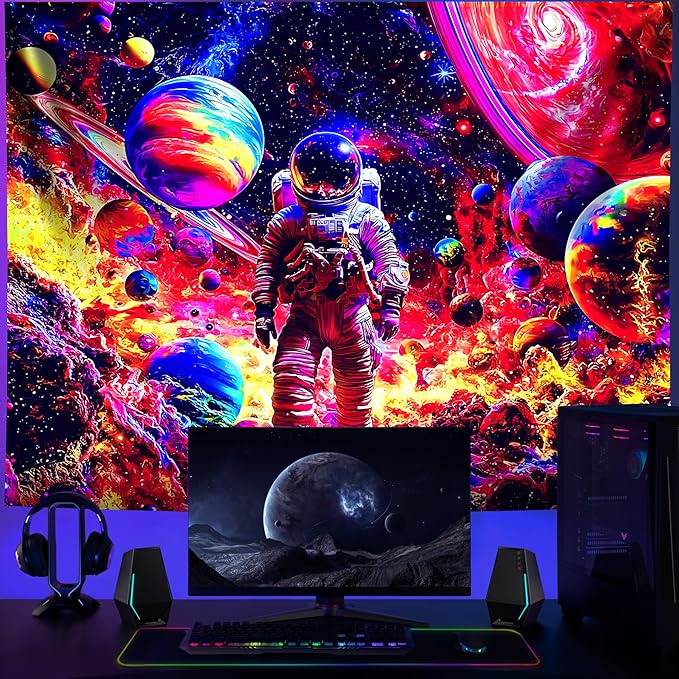 NYZE Astronaut Space Tapestry for Bedroom, BlackLight Tapestry Room Decor Wall Tapestries, Cool Galaxy Planet Wall Hanging, Wall Hanging for Men Guys Gamer Room Dorm Living Room 59in×51in
