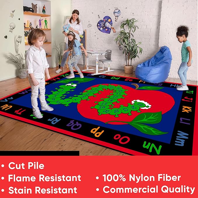 KIDCARPET.COM Learn with Inchworm Rectangle Classroom Rug | Bordered Area Rug for Preschool Daycare Learning, 4' x 6'