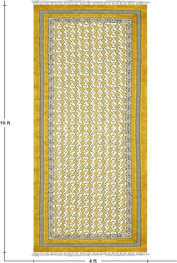 Kilim Runner 4x10 Cotton Runner Rug Yellow & Beige Indoor Outdoor Runner 0.19 inches Stone Easy Washable Hand Wash Cotton Carpet Flatweave Runner Rugs for Hallway, Staircases, Corridor Runner