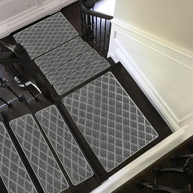 PURE ERA Carpet Stair Treads Tape Free Non Slip Indoor Stair Carpet Stair Protectors Pet-Friendly Non-Slip Skid Resistant Washable Reusable 8" x 30"(14 Pieces,Gray Diamond Trellis)