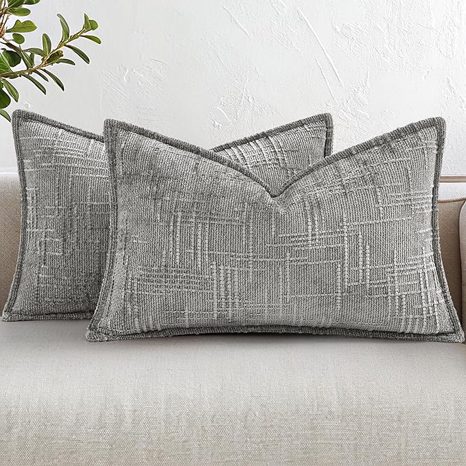 decorUhome Chenille Throw Pillow Covers 12x20 Set of 2, Thick Textured Slubby Neutral Decorative Pillow Covers with Elegant Design for Couch, Sofa, Living Room, Neutral Grey