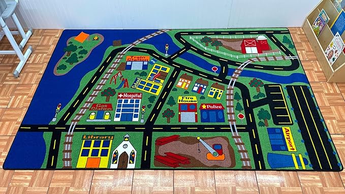KIDCARPET.COM Total Transportation Play Mat Rug | Interactive Activity Carpet for Preschool Playroom Toy Car Track, 4' x 6'