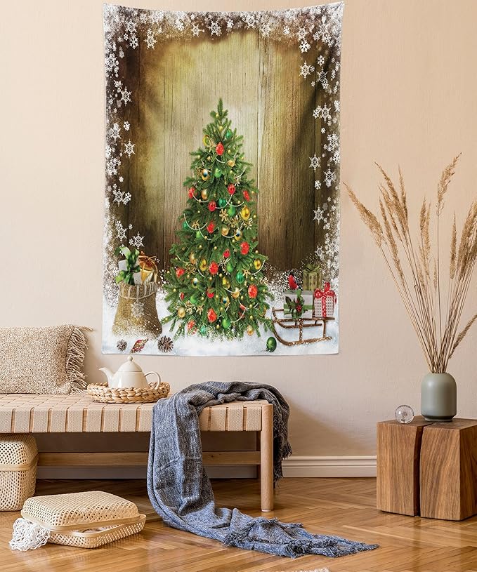 Ambesonne Christmas Tapestry, Pine Tree with Present Boxes on Snowy Board Xmas at Countryside Theme, Fabric Wall Hanging Decor for Bedroom Living Room Dorm, 23" X 28", Green Brown