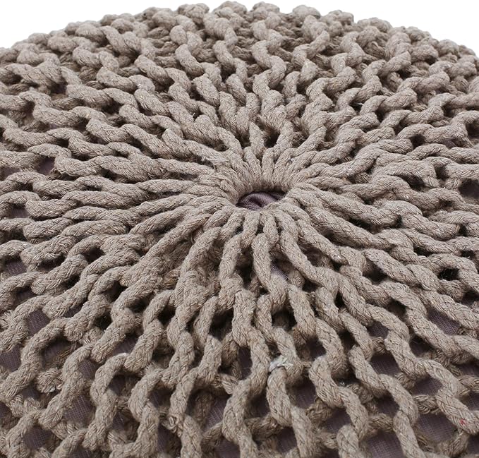Nahunta Knitted Round Pouf - Cotton - Brown