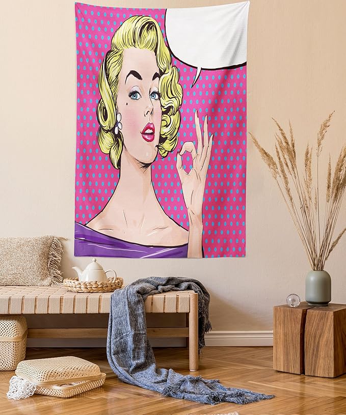 Ambesonne Vintage Tapestry, Pop Art Blonde Woman Making OK Sign on Dotted Background Retro Comic Book Design, Fabric Wall Hanging Decor for Bedroom Living Room Dorm, 23" X 28", Pink Blue