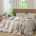 MooMee Gingham Duvet Cover Set 100% Washed Cotton Linen Like Textured Breathable Durable Soft Comfy Modern Checkered Design (Tannish Linen Grey Gingham, King 104"x90")