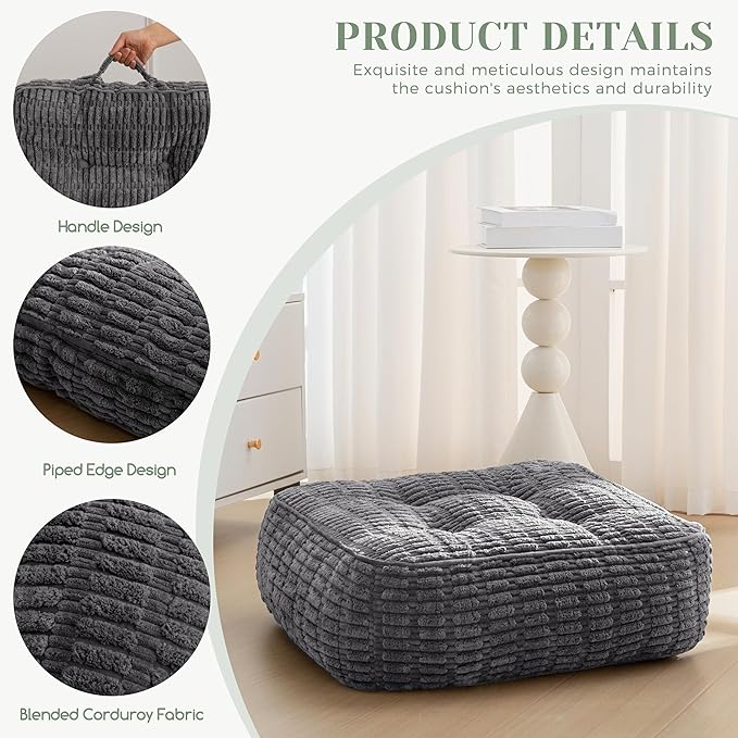 8" Washable Floor Pillow Cushion for Adults, Meditation Cushion Pillow, Removable Tufted Blended Corduroy Cover, Large Square Floor Sitting for Tatami Living Room or Yoga, 2Pack, Machine Washable