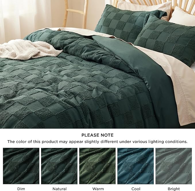 Bedsure Boho Kids Duvet Cover Queen Size（Duvet Insert/Comforter not Included - Ch eckered Duvet Cover Queenfor All Seasons,Soft Shabby Chic Boho Bedding (Green, 90" x 90")