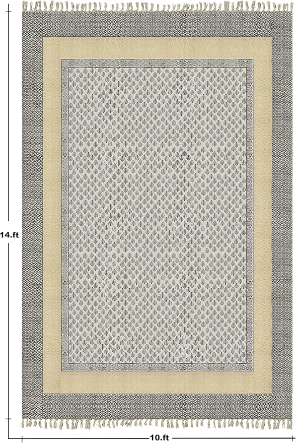 Kilim Rug 9x12 Area Rug Beige & Black Cotton Dhurrie Oriental Thick 0.19 inches Stone Easy Washable Rug Hand Wash Cotton Carpet Flatweave Rug Indoor Outdoor Rugs for Living Room, Bedroom