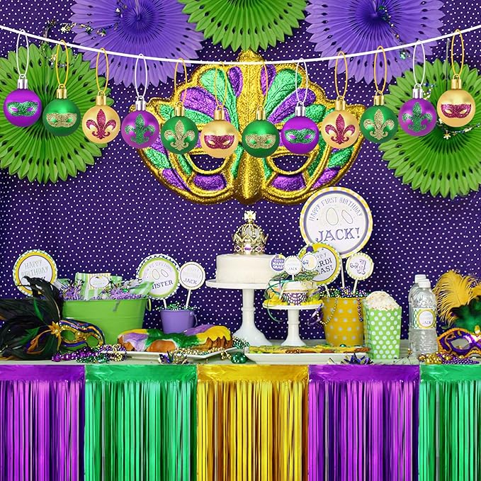 JULMELON 24Pcs Mardi Gras Hanging Ball Ornaments Mardi Gras Glitter Hanging Ball Decorations Sequin Purple Green Gold Tree Ornament for Mardi Gras Home New Orleans Masquerade Party Decor