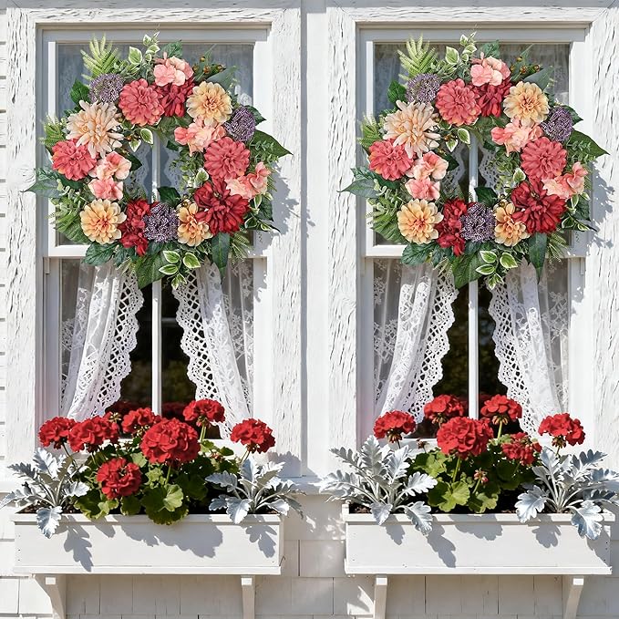 24-Inch Spring Wreath for Front Door with Hydrangeas Dahlias Daisy Silk Flowers and Berry Greenery for All Seasons Indoor Outdoor Wedding Farmhouse Porch Wall Living Room Home Wedding Decor