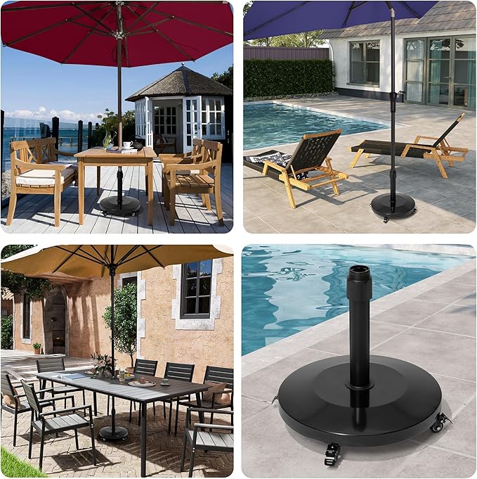Patio Umbrella Base with 4 Wheels, 55lbs Round Heavy Duty Concrete Stand for Outdoor Market Umbrella, Black