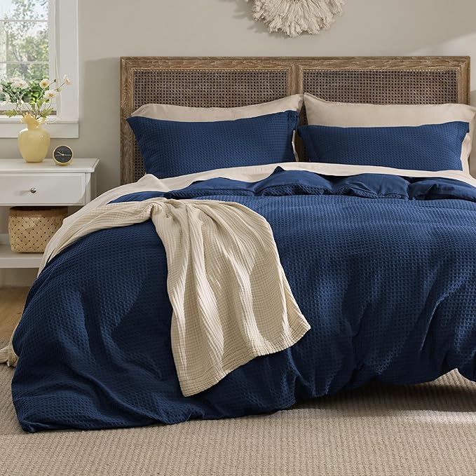 Bedsure Luxury Waffle Duvet Cover Queen Size - Textured Duvet Cover Set, Soft, Breathable Bedding Set (90"x90") with 2 Pillow Shams for All Season, Navy Blue, Comforter Not Included