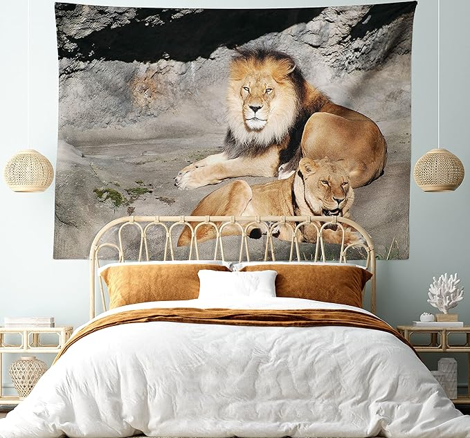 Ambesonne Zoo Tapestry Queen Size, Male and Female Lions Basking in The Sun Wild Cats Habitat King of Jungle, Wall Hanging Bedspread Bed Cover Wall Decor, Queen Size, Pale Brown Grey Yellow