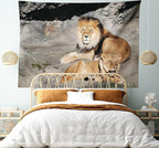 Ambesonne Zoo Tapestry, Male and Female Lions Basking in The Sun Wild Cats Habitat King of Jungle, Fabric Wall Hanging Decor for Bedroom Living Room Dorm, 30" X 45", Pale Brown Grey Yellow