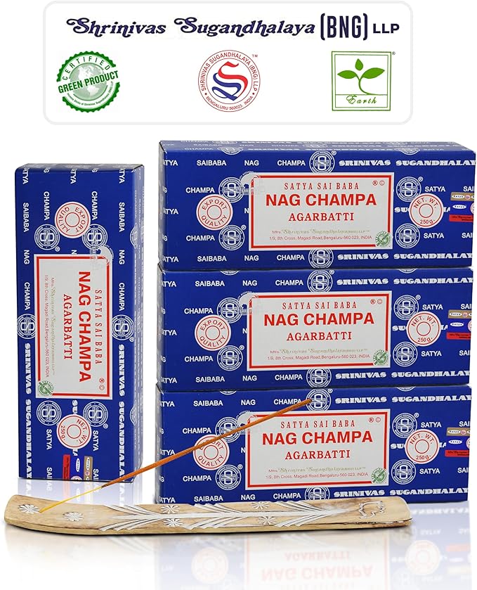 Satya Nag Champa Incense Sticks Bangalore- 250gm x 4 Pack (1000gm) Bundle Natural Hand Rolled Non-Toxic Nagchampa BNG Insense Set with Raajsee Insence Stick Holder for Meditation, Yoga & Joss Sticks