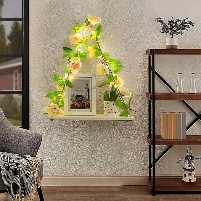 Shelf for Wall,Floating Shelves,Floating Shelves for Wall No Drilling,Adhesive Shelves,Command Strip Shelf,Room Decor Aesthetic,Plant Shelf Wall,Whimsical Decor,2-Piece Set(Champagne flowers)
